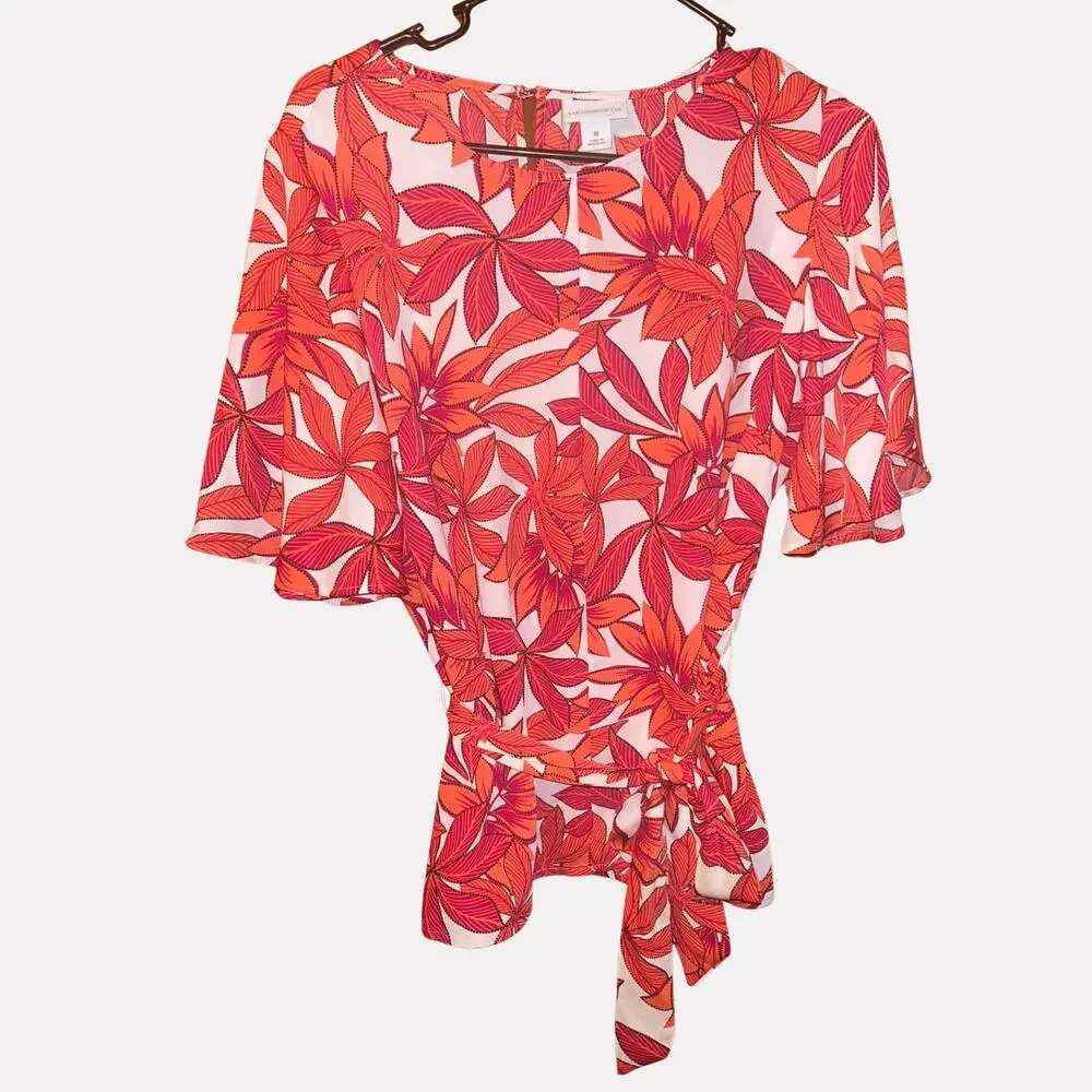 Liz Claiborne Women's Medium White Orange Leaf Print Blouse Tie Waist Belt - Picture 1 of 4